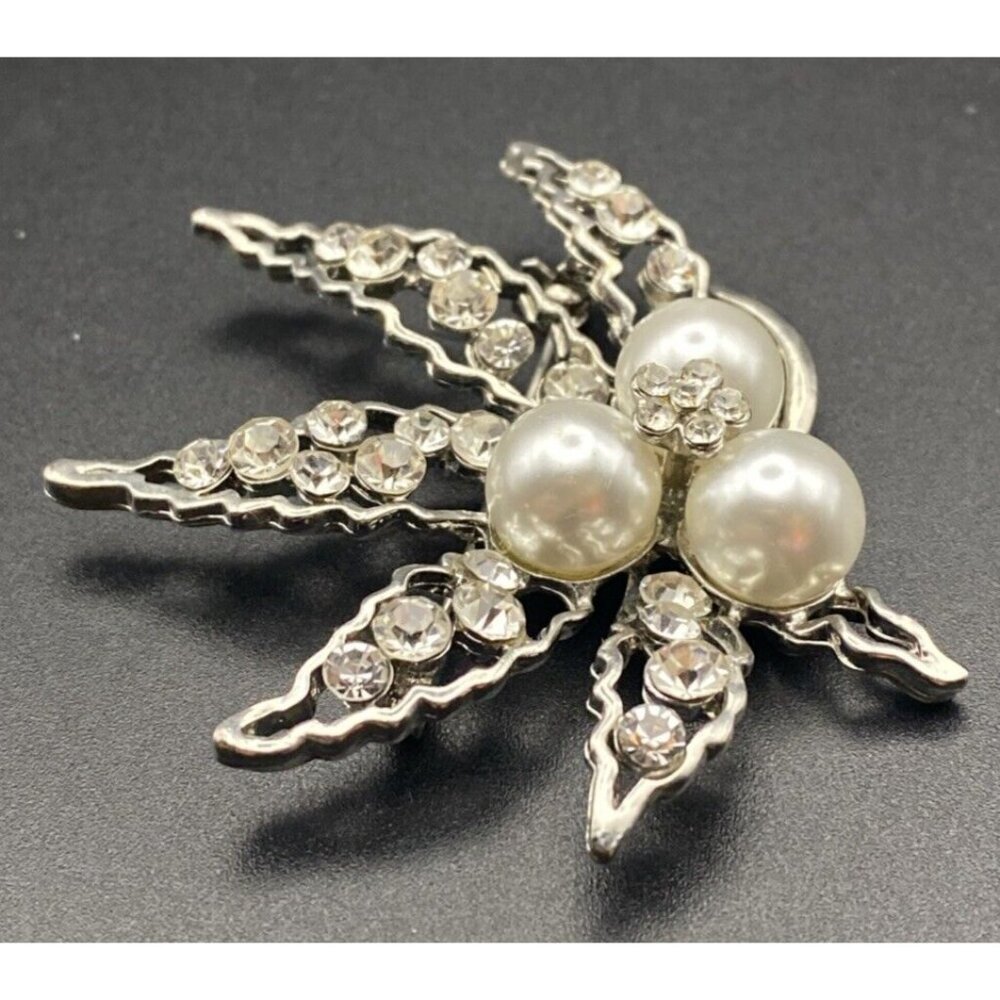 Crystal Bridal Brooch Pin Faux Pearl Silver Tone Filigree Leaves Prom Pageant 2" - Picture 4 of 9